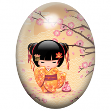 Cabochon en Verre Illustré Petite Kokeshi Orange aux Fleurs de Cerisier 13x18, 18x25 ou 30x40mm pour la Création de Bijoux
