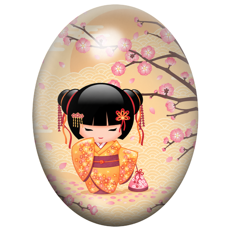 Cabochon en Verre Illustré Petite Kokeshi Orange aux Fleurs de Cerisier 13x18, 18x25 ou 30x40mm