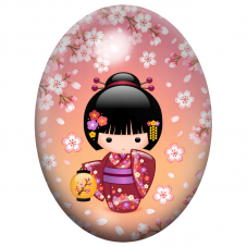 Cabochon en Verre Illustré Petite Kokeshi Violette au Lampion Fleuri 13x18, 18x25 ou 30x40mm pour la Création de Bijoux