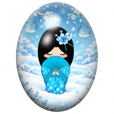 Cabochon en Verre Illustré Kokeshi Bleue à l’Éventail dans la Neige 13x18, 18x25 ou 30x40mm pour la Création de Bijoux Fantaisie