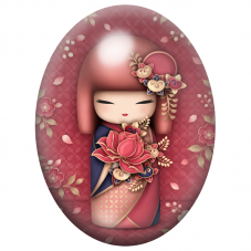 Cabochon en Verre Illustré Kokeshi Rouge au Bouquet de Lotus 13x18, 18x25 ou 30x40mm pour la Création de Bijoux Fantaisie - DIY