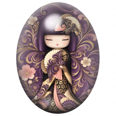 Cabochon en Verre Illustré Kokeshi Pourpre aux Éventails Baroques 13x18, 18x25 ou 30x40mm pour la Création de Bijoux Fantaisie