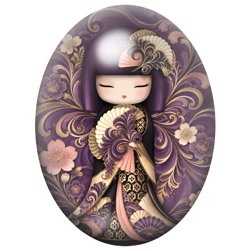 Cabochon en Verre Illustré Kokeshi Pourpre aux Éventails Baroques 13x18, 18x25 ou 30x40mm