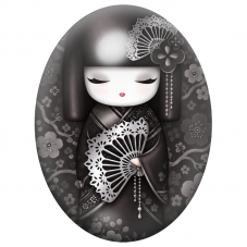 Cabochon en Verre Illustré Kokeshi Noire à l’Éventail de Dentelle 13x18, 18x25 ou 30x40mm pour la Création de Bijoux Fantaisie