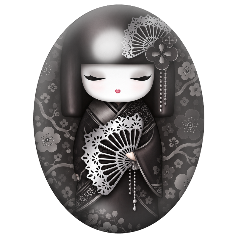 Cabochon en Verre Illustré Kokeshi Noire à l’Éventail de Dentelle 13x18, 18x25 ou 30x40mm