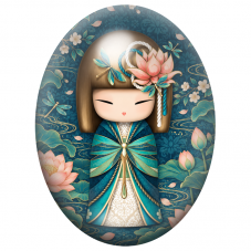 Cabochon en Verre Illustré Kokeshi Turquoise aux Lotus et Libellules 13x18, 18x25 ou 30x40mm pour la Création de Bijoux