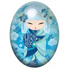 Cabochon en Verre Illustré Kokeshi Bleue aux Fleurs et aux Vagues Graphiques 13x18, 18x25 ou 30x40mm pour la Création de Bijoux