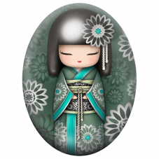 Cabochon en Verre Illustré Kokeshi Verte aux Grandes Fleurs Graphiques 13x18, 18x25 ou 30x40mm pour la Création de Bijoux