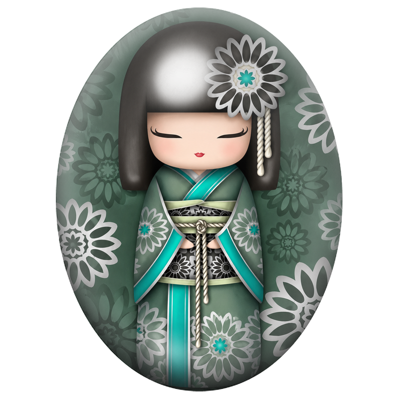 Cabochon en Verre Illustré Kokeshi Verte aux Grandes Fleurs Graphiques 13x18, 18x25 ou 30x40mm