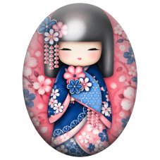 Cabochon en Verre Illustré Kokeshi Bleue et Rose aux Fleurs Pendantes 13x18, 18x25 ou 30x40mm pour la Création de Bijoux