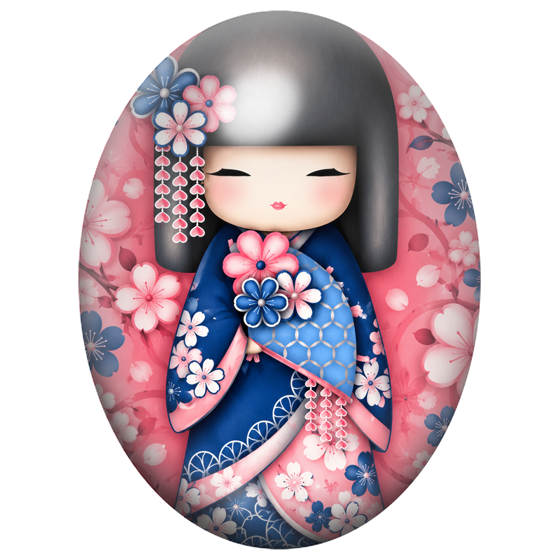 Cabochon en Verre Illustré Kokeshi Bleue et Rose aux Fleurs Pendantes 13x18, 18x25 ou 30x40mm
