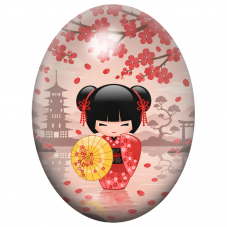 Cabochon en Verre Illustré Petite Kokeshi Rouge à l’Ombrelle devant la Pagode 13x18, 18x25 ou 30x40mm pour la Création de Bijoux