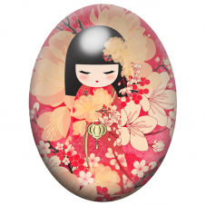 Cabochon en Verre Illustré Kokeshi Corail au Jardin Fleuri 13x18, 18x25 ou 30x40mm pour la Création de Bijoux Fantaisie - DIY