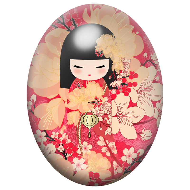 Cabochon en Verre Illustré Kokeshi Corail au Jardin Fleuri 13x18, 18x25 ou 30x40mm