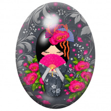 Cabochon en Verre Illustré Kokeshi Grise à l’Éventail Fuchsia 13x18, 18x25 ou 30x40mm pour la Création de Bijoux Fantaisie - DIY