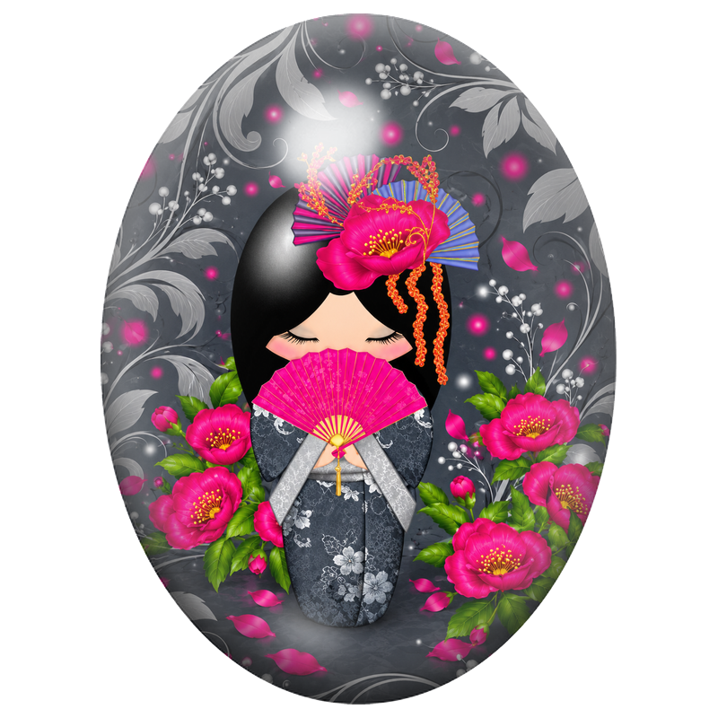 Cabochon en Verre Illustré Kokeshi Grise à l’Éventail Fuchsia 13x18, 18x25 ou 30x40mm
