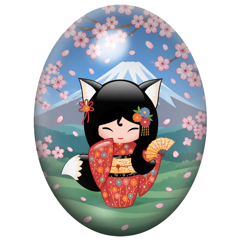 Cabochon en Verre Illustré Kokeshi Chat au Mont Fuji 13x18, 18x25 ou 30x40mm