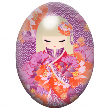 Cabochon en Verre Illustré Kokeshi Blonde aux Pivoines Corail 13x18, 18x25 ou 30x40mm pour la Création de Bijoux Fantaisie - DIY