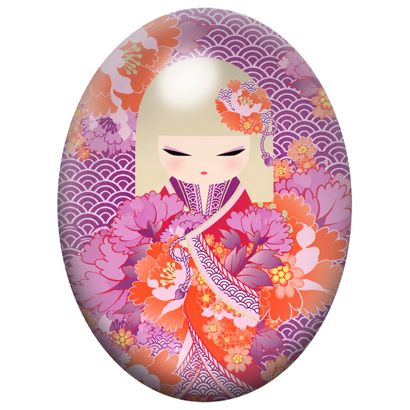 Cabochon en Verre Illustré Kokeshi Blonde aux Pivoines Corail 13x18, 18x25 ou 30x40mm