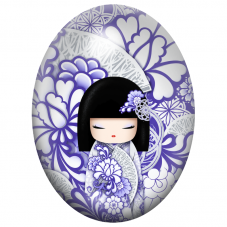 Cabochon en Verre Illustré Kokeshi Bleu Cobalt aux Éventails Fleuris 13x18, 18x25 ou 30x40mm pour la Création de Bijoux