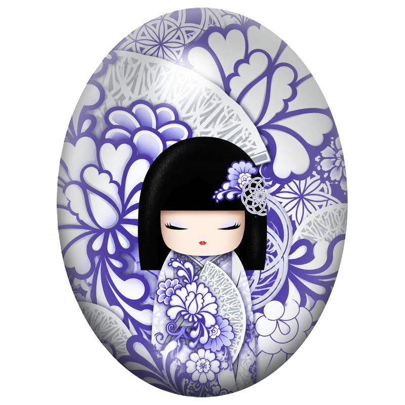 Cabochon en Verre Illustré Kokeshi Bleu Cobalt aux Éventails Fleuris 13x18, 18x25 ou 30x40mm