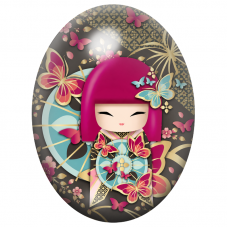Cabochon en Verre Illustré Kokeshi aux Cheveux Fuchsia et aux Papillons 13x18, 18x25 ou 30x40mm pour la Création de Bijoux