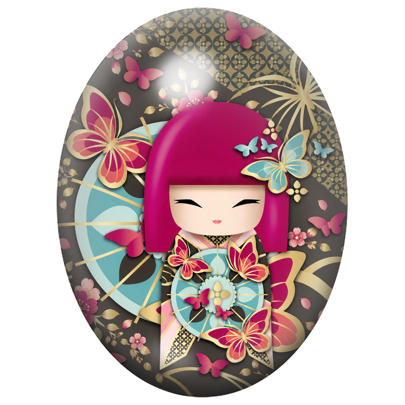 Cabochon en Verre Illustré Kokeshi aux Cheveux Fuchsia et aux Papillons 13x18, 18x25 ou 30x40mm