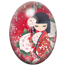 Cabochon en Verre Illustré Kokeshi Rouge aux Grandes Pivoines Blanches 13x18, 18x25 ou 30x40mm pour la Création de Bijoux