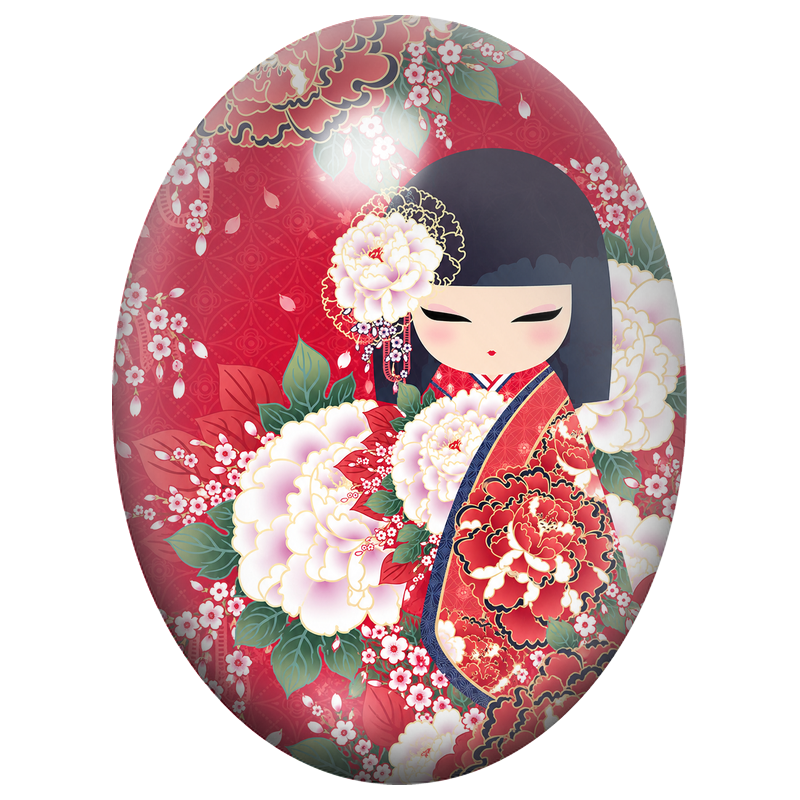 Cabochon en Verre Illustré Kokeshi Rouge aux Grandes Pivoines Blanches 13x18, 18x25 ou 30x40mm