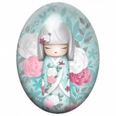 Cabochon en Verre Illustré Kokeshi Argentée aux Roses Pastel 13x18, 18x25 ou 30x40mm pour la Création de Bijoux Fantaisie - DIY