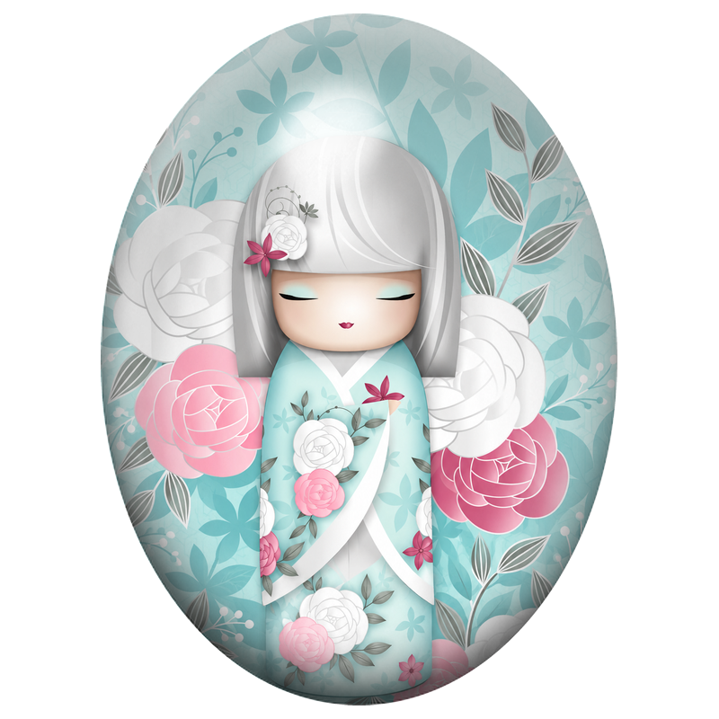 Cabochon en Verre Illustré Kokeshi Argentée aux Roses Pastel 13x18, 18x25 ou 30x40mm
