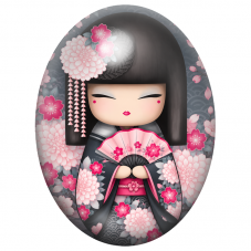 Cabochon en Verre Illustré Kokeshi Noire à l’Éventail Rose 13x18, 18x25 ou 30x40mm pour la Création de Bijoux Fantaisie - DIY