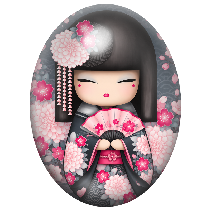 Cabochon en Verre Illustré Kokeshi Noire à l’Éventail Rose 13x18, 18x25 ou 30x40mm