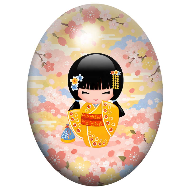 Cabochon en Verre Illustré Petite Kokeshi Orange au Jardin Pastel 13x18, 18x25 ou 30x40mm