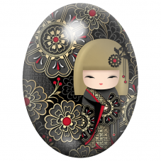 Cabochon en Verre Illustré Kokeshi Noire et Or aux Fleurs Géométriques 13x18, 18x25 ou 30x40mm pour la Création de Bijoux