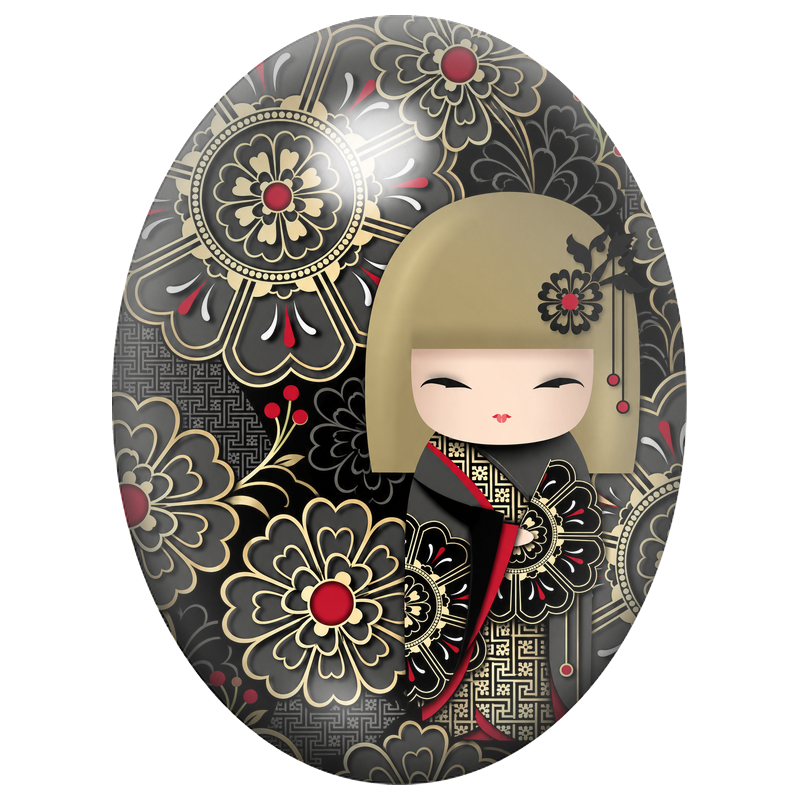 Cabochon en Verre Illustré Kokeshi Noire et Or aux Fleurs Géométriques 13x18, 18x25 ou 30x40mm