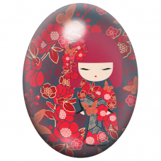 Cabochon en Verre Illustré Kokeshi Bordeaux aux Fleurs et Papillons 13x18, 18x25 ou 30x40mm pour la Création de Bijoux Fantaisie