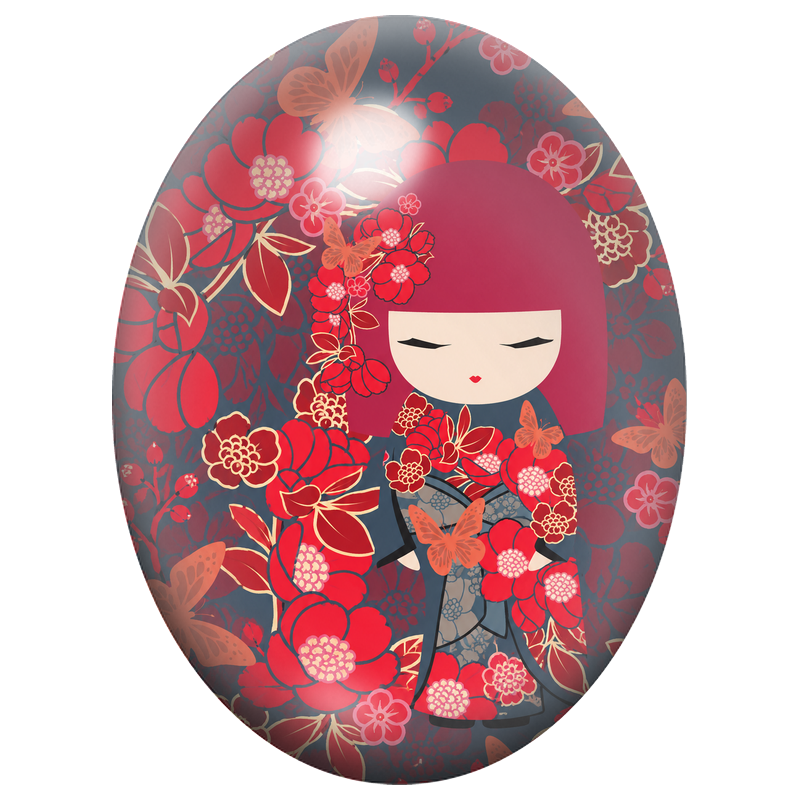 Cabochon en Verre Illustré Kokeshi Bordeaux aux Fleurs et Papillons 13x18, 18x25 ou 30x40mm