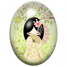 Cabochon en Verre Illustré Kokeshi Vert Pastel à l’Éventail 13x18, 18x25 ou 30x40mm pour la Création de Bijoux Fantaisie - DIY