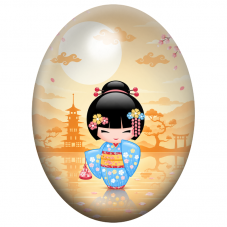 Cabochon en Verre Illustré Petite Kokeshi Bleue au Soleil Couchant 13x18, 18x25 ou 30x40mm pour la Création de Bijoux Fantaisie