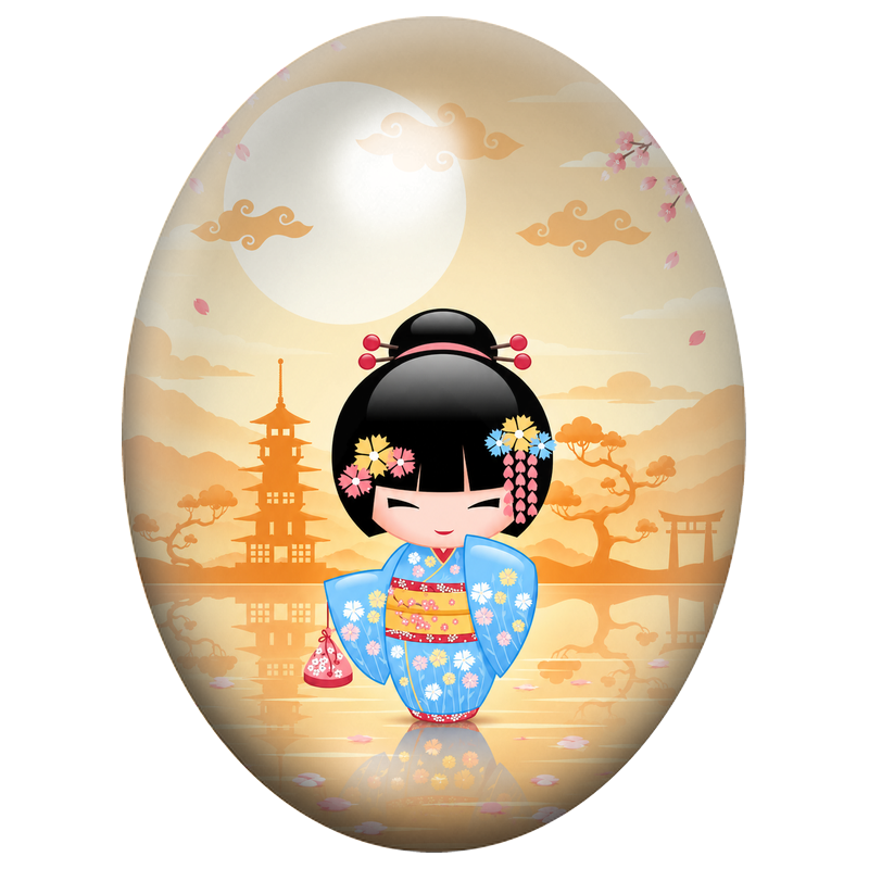 Cabochon en Verre Illustré Petite Kokeshi Bleue au Soleil Couchant 13x18, 18x25 ou 30x40mm
