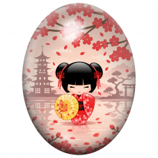 Cabochon en Verre Illustré Petite Kokeshi Rouge à l’Ombrelle sous les Cerisiers 13x18, 18x25 ou 30x40mm