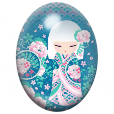 Cabochon en Verre Illustré Kokeshi Blanche aux Pivoines Turquoise et Rose 13x18, 18x25 ou 30x40mm pour la Création de Bijoux