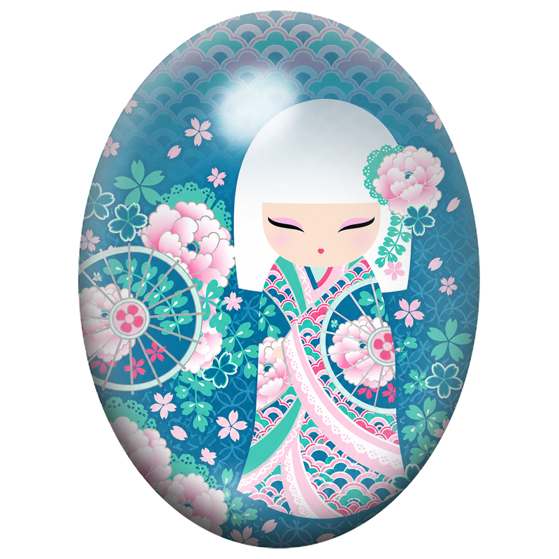 Cabochon en Verre Illustré Kokeshi Blanche aux Pivoines Turquoise et Rose 13x18, 18x25 ou 30x40mm