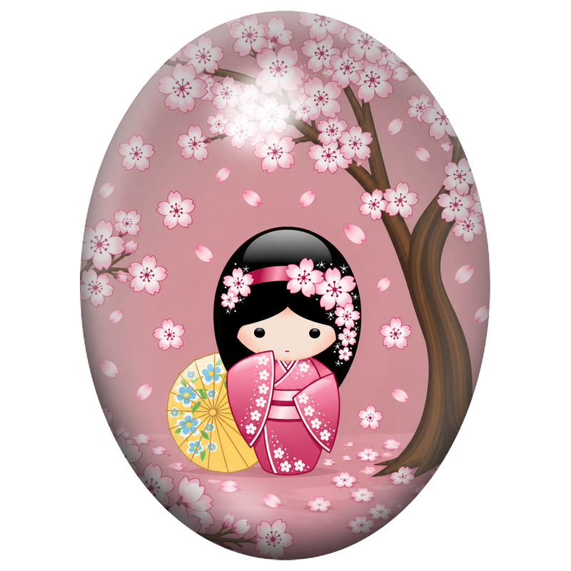 Cabochon en Verre Illustré Petite Kokeshi Rose à l’Ombrelle Jaune 13x18, 18x25 ou 30x40mm