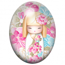 Cabochon en Verre Illustré Kokeshi Blonde aux Fleurs Pastel 13x18, 18x25 ou 30x40mm pour la Création de Bijoux Fantaisie - DIY