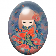 Cabochon en Verre Illustré Kokeshi Corail aux Papillons et Pavots 13x18, 18x25 ou 30x40mm pour la Création de Bijoux Fantaisie