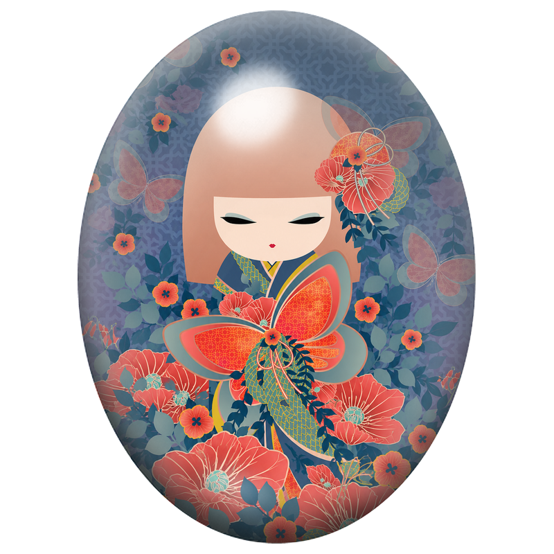 Cabochon en Verre Illustré Kokeshi Corail aux Papillons et Pavots 13x18, 18x25 ou 30x40mm