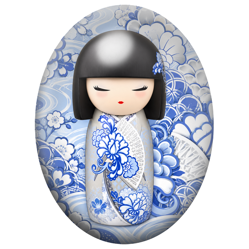 Cabochon en Verre Illustré Kokeshi Bleu et Blanc Esprit Porcelaine 13x18, 18x25 ou 30x40mm