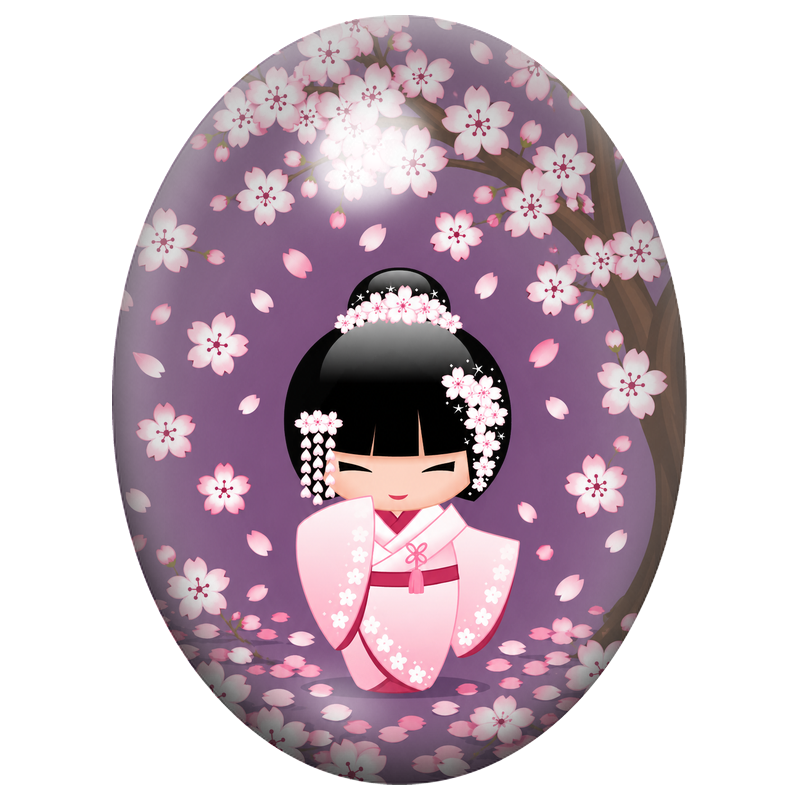 Cabochon en Verre Illustré Kokeshi Rose sous une Pluie de Cerisiers 13x18, 18x25 ou 30x40mm